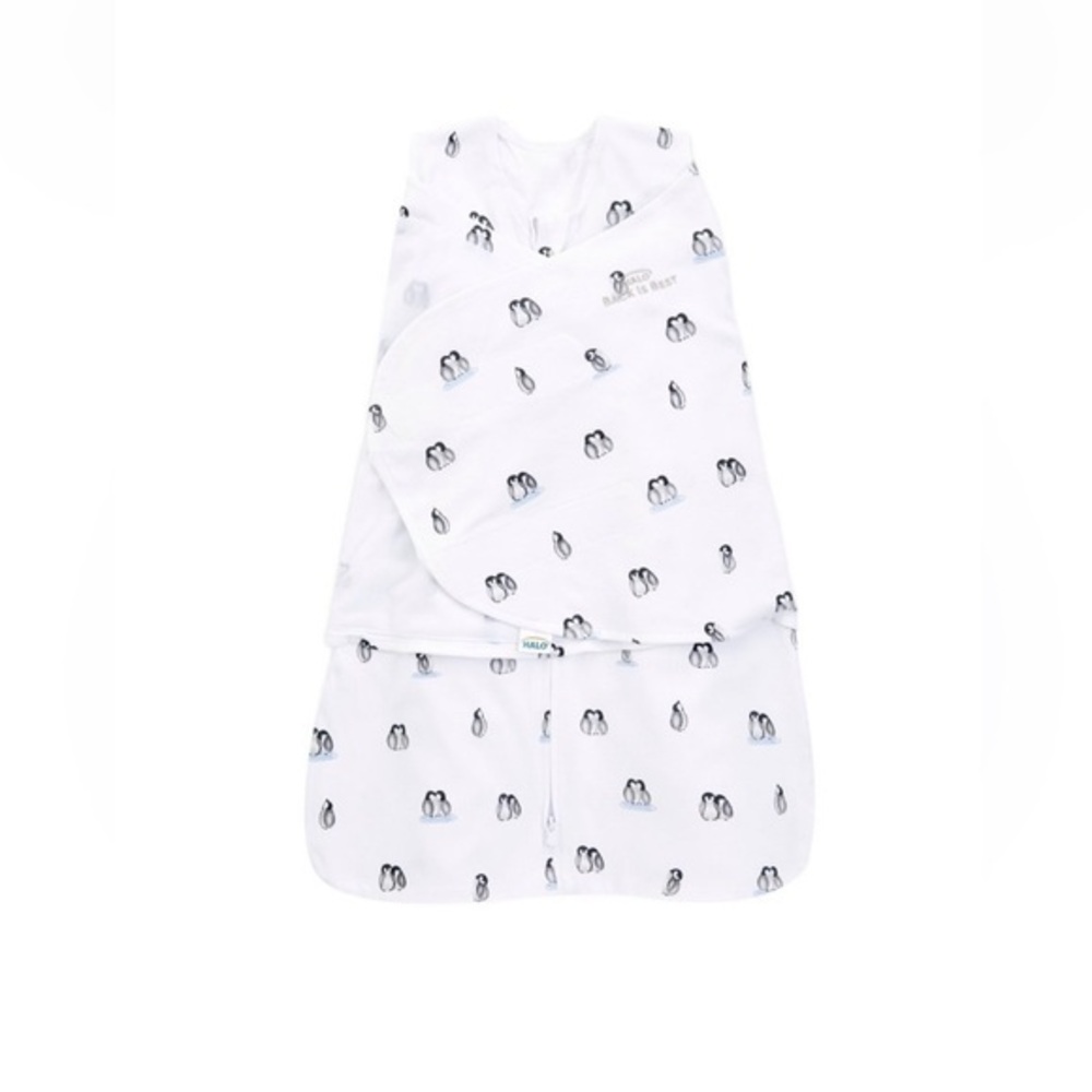 HALO Sleepsack Swaddle Penguin Print 100% Cotton NB 0-3 Months White